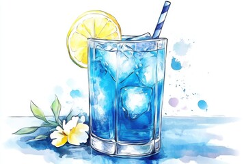 A refreshing blue drink with ice cubes and a slice of lemon, garnished with a flower, perfect for summer vibes and cool relaxation.