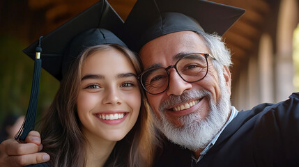 Fototapeta premium Happy student taking selfie with her father on graduation day at the University.