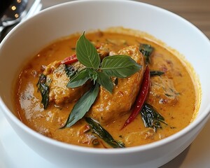 Delicious Thai red curry in bowl on table