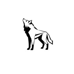 Geometric Black Wolf: A minimalistic logo of a howling wolf facing up towards the sky in a stark, flat design.