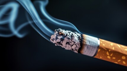 Cigarette is lit and smoking, with the smoke trailing behind it. Concept of danger and harm, as smoking is known to cause health problems