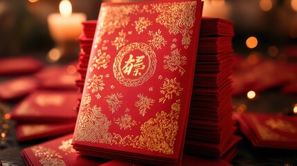 Stacked red Chinese lucky money envelopes, festive background, celebration