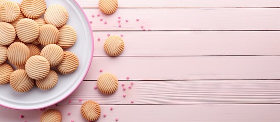 Delicious round cookies arranged on a white plate with a soft pink wooden background, featuring scattered pink sprinkles for a festive touch.