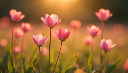 Obraz premium Serene Sunset Pink Tulips in a Golden Meadow Spring Blossoms