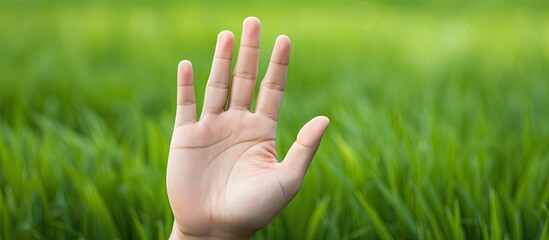 Gesture of a raised open hand with five fingers against a vibrant green grass background, showcasing a natural and serene outdoor setting.