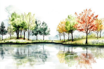 A serene landscape painting with vibrant trees reflecting in a calm lake. Birds are seen flying across the clear sky, showcasing nature's beauty.