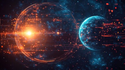 Obraz premium Futuristic space-themed background with glowing planets, cosmic energy patterns, and swirling stars 