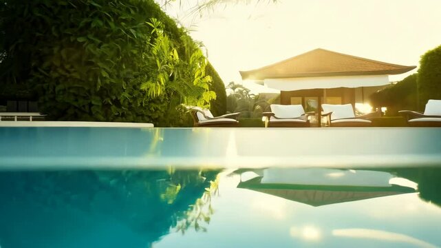Shooting from water luxurious poolside setting at golden hour with turquoise water reflecting sunset light. Modern villa garden featuring elegant white loungers and lush tropical greenery