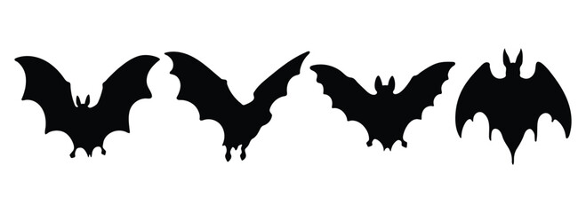 Bat on white background. Collection of bat silhouettes in various forms. Side view and full body for design. Vector illustration.