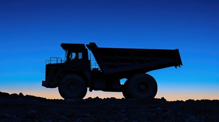Heavy-duty dump truck silhouette positioned on rugged terrain against a dark blue sky