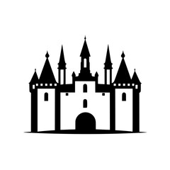 Obraz premium Black-and-White Silhouette of a Castle, Silhouette, a representation of a castle with towers and a gate.