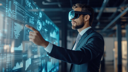 A corporate executive giving a presentation in a VR boardroom, futuristic holographic graphs and data floating in the air, smart presentation