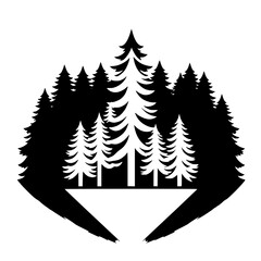 Forest silhouette illustration, black and white, with a sharp, angular shape.