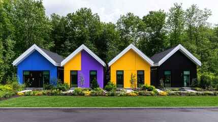 Colorful tiny houses, green landscape, suburban setting, real estate