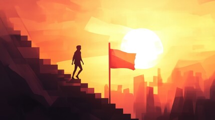 Fototapeta premium Man Ascends Steps Towards a Sunset and Flag
