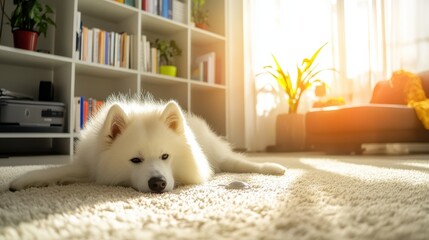 Peaceful Morning: Fluffy White Dog Lounging in Sunlit Living Room Amidst Modern Decor