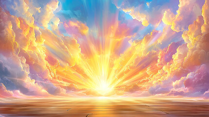 Vibrant sunrise over calm ocean, wooden deck foreground, peaceful background