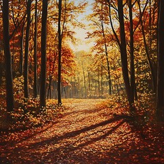 Fototapeta premium Warm golden light streaming through red leaves in autumn woods Image
