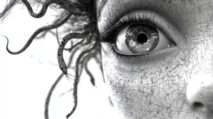 Obraz premium This close-up image explores Medusa's eye intertwined with snake-like hair, creating a striking visual that captures a sense of depth, mystery, and emotion.