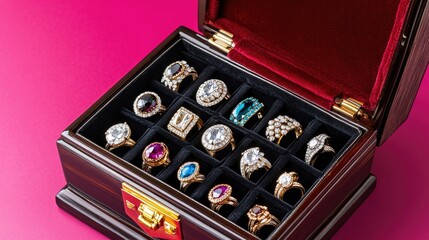 Luxury jewelry box open to reveal sparkling gemstone rings on a rich pink background