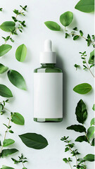 Cosmetic bottle container with green herbal leaves, Blank label for branding mock-up, makeup skincare