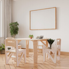 Frame picture interior, mockup frame, horizontal poster wood one frame in empty children's activity room cozy home room in illustration 3d render