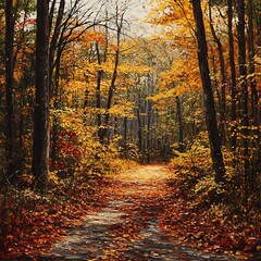 Obraz premium Golden beams shine through rustling red leaves in cool breeze