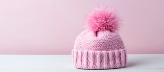 Cozy handmade pink knitted hat with fluffy pompom positioned on a white wooden surface against a soft pink background for winter accessories.