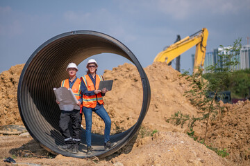 Construction surveyor or engineer working in pipe construction site blueprint and laptop for...
