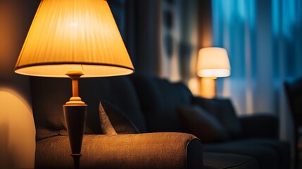 Lamp is lit up in a living room with a couch and pillows. The room has a cozy and warm atmosphere