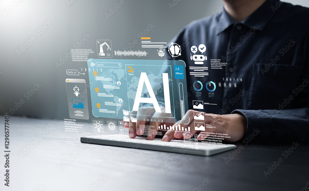 Fototapete AI Content Creation Tools: A man uses a computer with an AI assistant for graphic design, translation, chatbots, image creation, coding, and advertising.