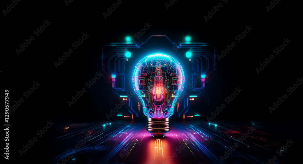 Fototapete a futuristic light bulb with a brain inside glows with neon lights. circuit elements surround it in 