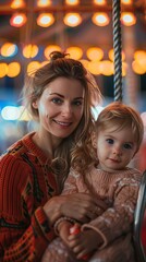 Obraz premium Loving Mother and Daughter at Festive Carnival Lights Warm Embrace