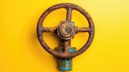 Obraz premium Rusted old ship valve with visible corrosion on a warm yellow background