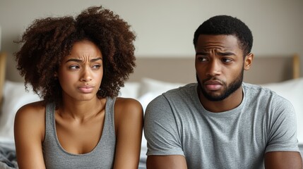 Fototapeta premium Young Couple in Intense Discussion Seated on Bed, Expressing Confusion and Concern