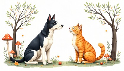 Adorable Dog and Cat Friends Sitting in Autumnal Park Setting Illustrated Art