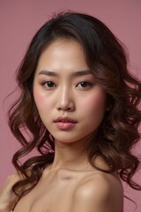 Fototapeta premium Stunning Woman with Wavy Brown Hair and Soft Makeup