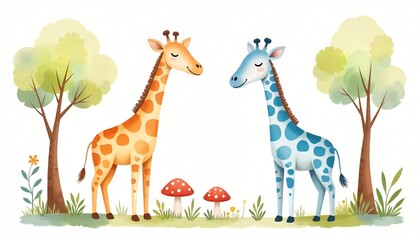 Obraz premium Adorable Orange and Blue Giraffes in a Watercolor Nature Scene Illustration