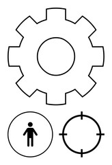 Gear icon symbolizes mechanics, human figure represents people, and crosshair signifies focus. Ideal for technology, engineering, human resources, goals, targeting, precision and strategy themes