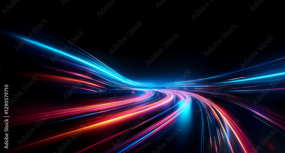 Poster abstract image of dynamic light trails in vibrant neon blue and warm red colors. fast streaks of lig