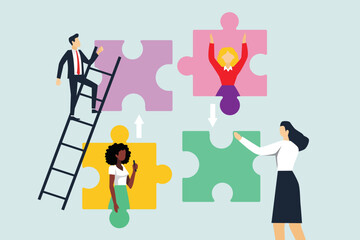 Business Teamwork Concept. Vector illustration in flat style of a group of diverse people in business suits putting together pieces of a puzzle. Isolated on background