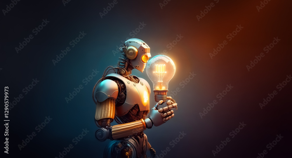 Poster A metallic robot with gold accents thoughtfully holds a bright glowing light bulb in its hands against a dark gradient backdrop.