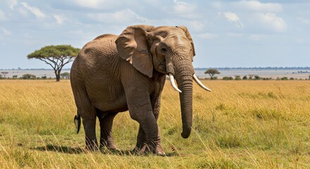 Obraz premium A Regal African Elephant Walking Through a Sunlit Savanna in the Maasai Mara. Highlight Its Textured, Wrinkled Skin, Large Flapping Ears, and Powerful Tusks