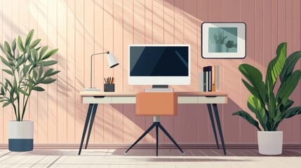 Modern Workspace with Desk, Plants, and Minimalist Decor Elements