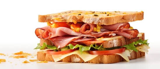 Delicious stacked sandwich with ham, cheese, tomatoes, and lettuce on a white background with brown toasted bread and vibrant vegetables.