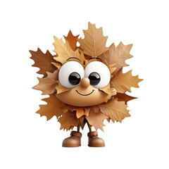 Fototapeta premium 3D cartoon-style character made of dry autumn leaves, whimsical and fun, isolated on white background. PNG
