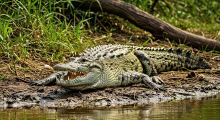 Obraz premium A Powerful Nile Crocodile Basking on a Muddy Riverbank in Zambia
