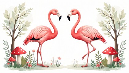 Two Pink Flamingos Facing Each Other in a Whimsical Forest Setting with Mushrooms