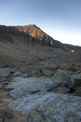 Travel along a marked mountain trail in the High Tatras. Landscape of high mountains.
