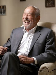 A portrait of an old man laughing ,wrinkles on face, beard, generated by AI